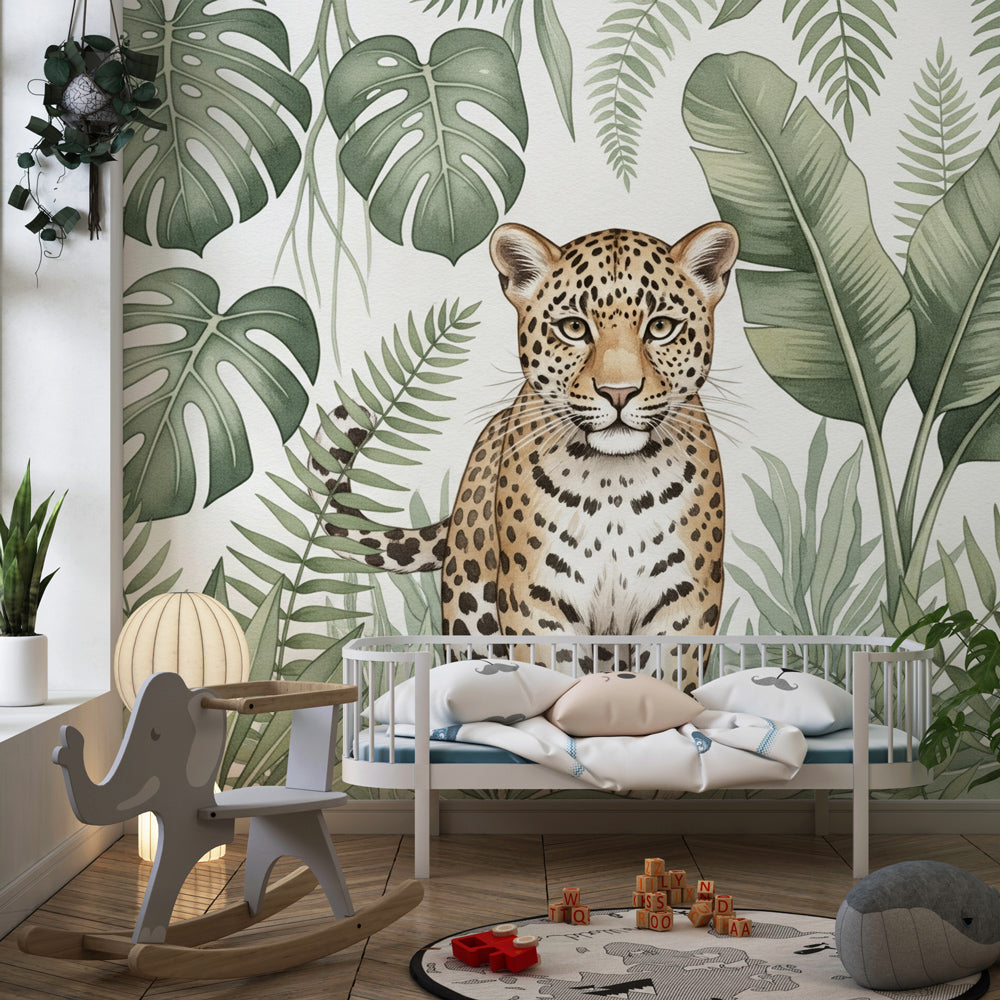 Kids jungle wallpaper with spotted leopard creating immersive rainforest playroom environment