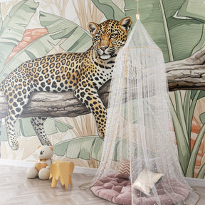 Tropical leopard mural wallpaper transforming children's playroom into jungle adventure space