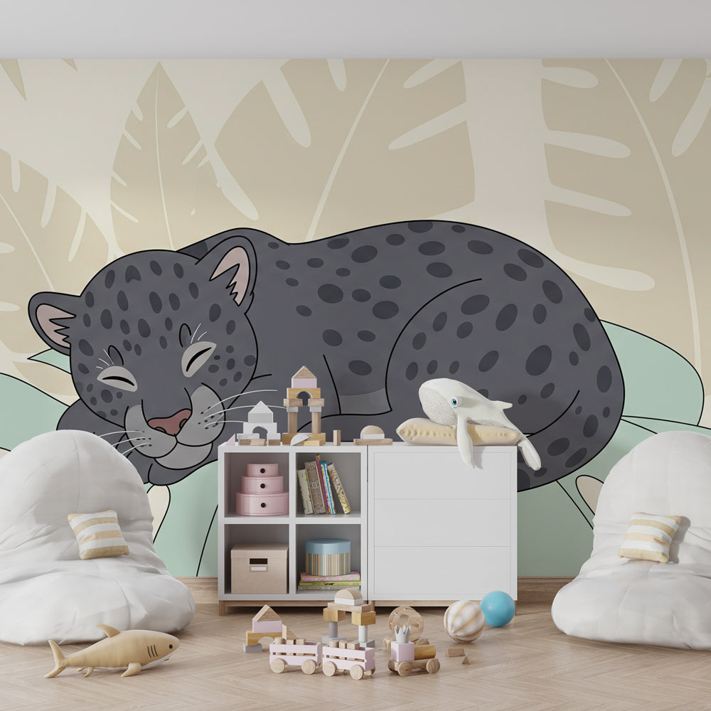 Sleeping leopard wallpaper in modern children's playroom showcasing soft jungle animal theme by Kids-Mundo