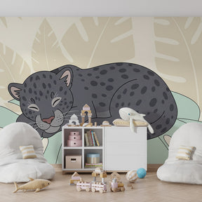 Sleeping leopard wallpaper in modern children's playroom showcasing soft jungle animal theme by Kids-Mundo