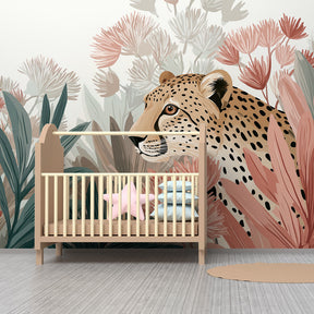 Wildlife mural wallpaper transforming children's playroom into jungle adventure space