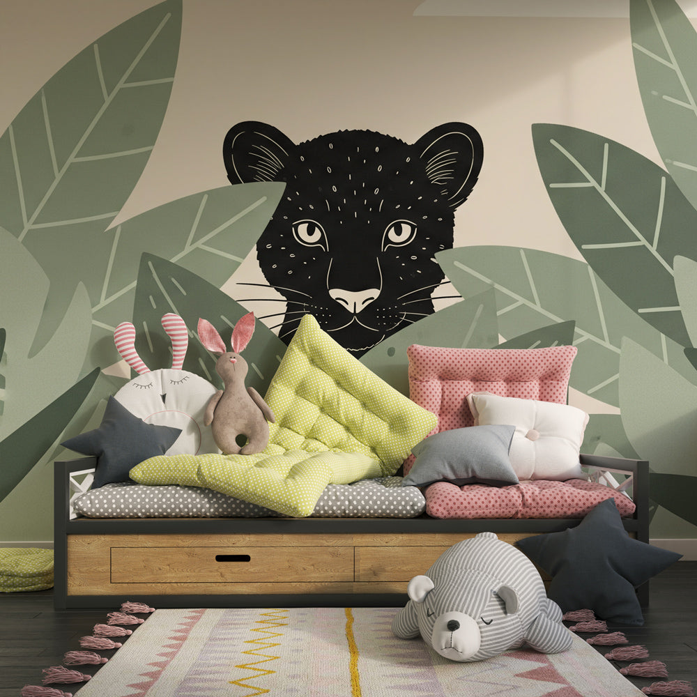 Safari leopard mural wallpaper transforming kids playroom into tropical jungle adventure space