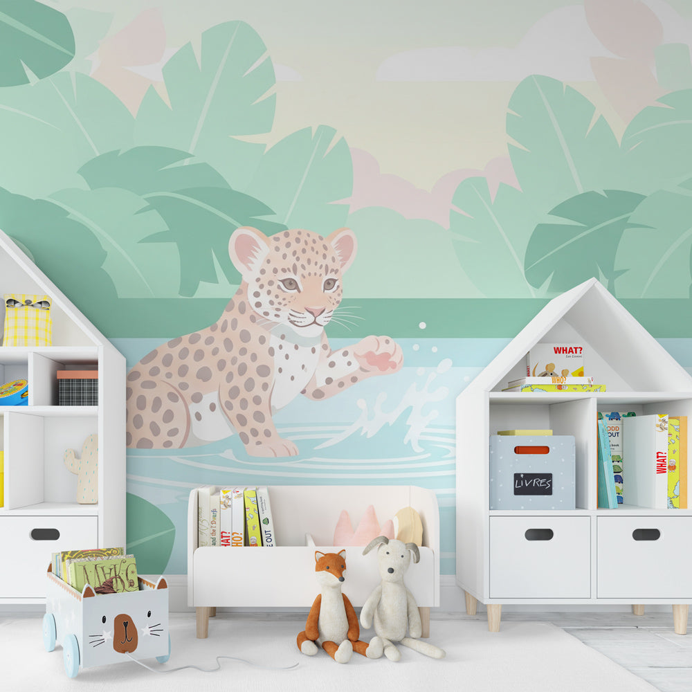 Tropical leopard wallpaper creating immersive jungle atmosphere in kids playroom setting