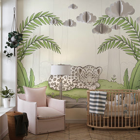 Safari animal mural wallpaper with sleeping leopard and lush foliage for kids room by Kids-Mundo