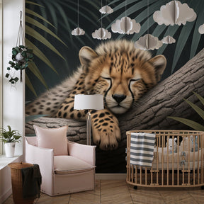Tropical animal mural wallpaper featuring young leopard in serene jungle setting for kids rooms
