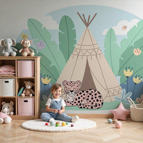 Jungle leopard mural wallpaper with tipi design in modern nursery room by Kids-Mundo
