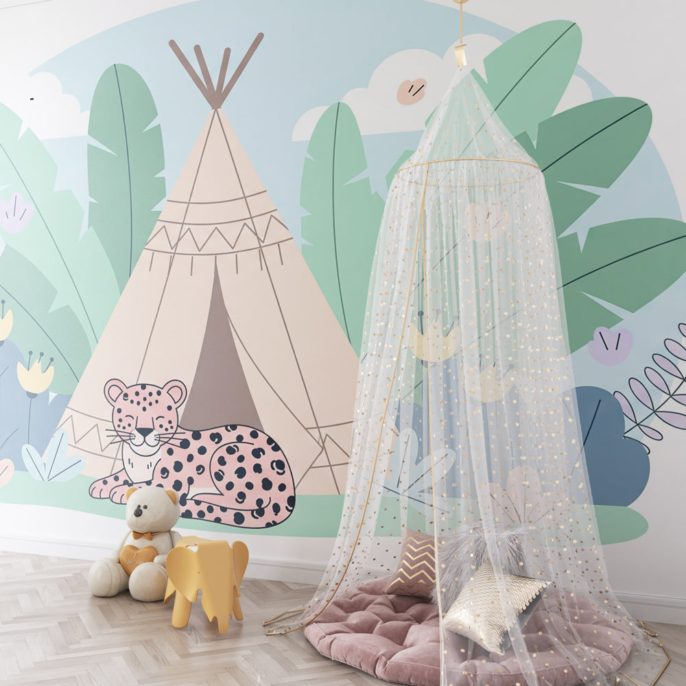 Tropical jungle wallpaper with leopard and tipi transforming kids playroom space