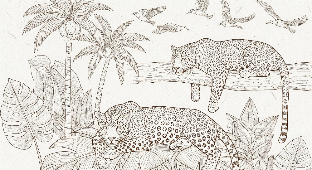 Detailed jungle leopards mural wallpaper design pattern showing tropical wildlife illustration by Kids-Mundo