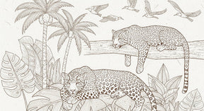 Detailed jungle leopards mural wallpaper design pattern showing tropical wildlife illustration by Kids-Mundo