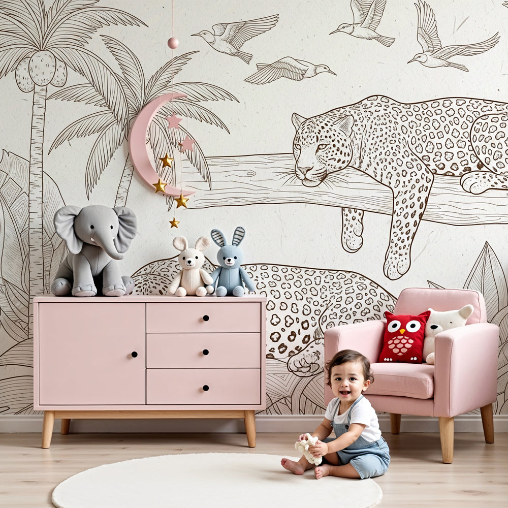 Jungle leopards mural wallpaper creating safari adventure theme in modern kids nursery by Kids-Mundo