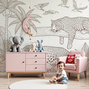 Jungle leopards mural wallpaper creating safari adventure theme in modern kids nursery by Kids-Mundo