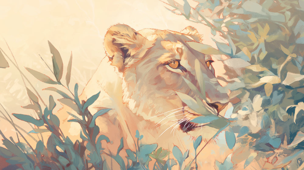 Detailed jungle lioness mural wallpaper design pattern with tropical foliage by Kids-Mundo
