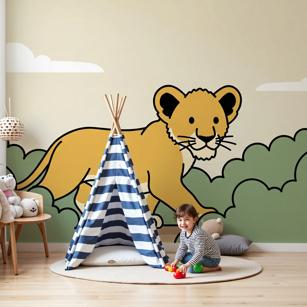 Cute jungle lion mural wallpaper in modern nursery with wooden crib by Kids-Mundo