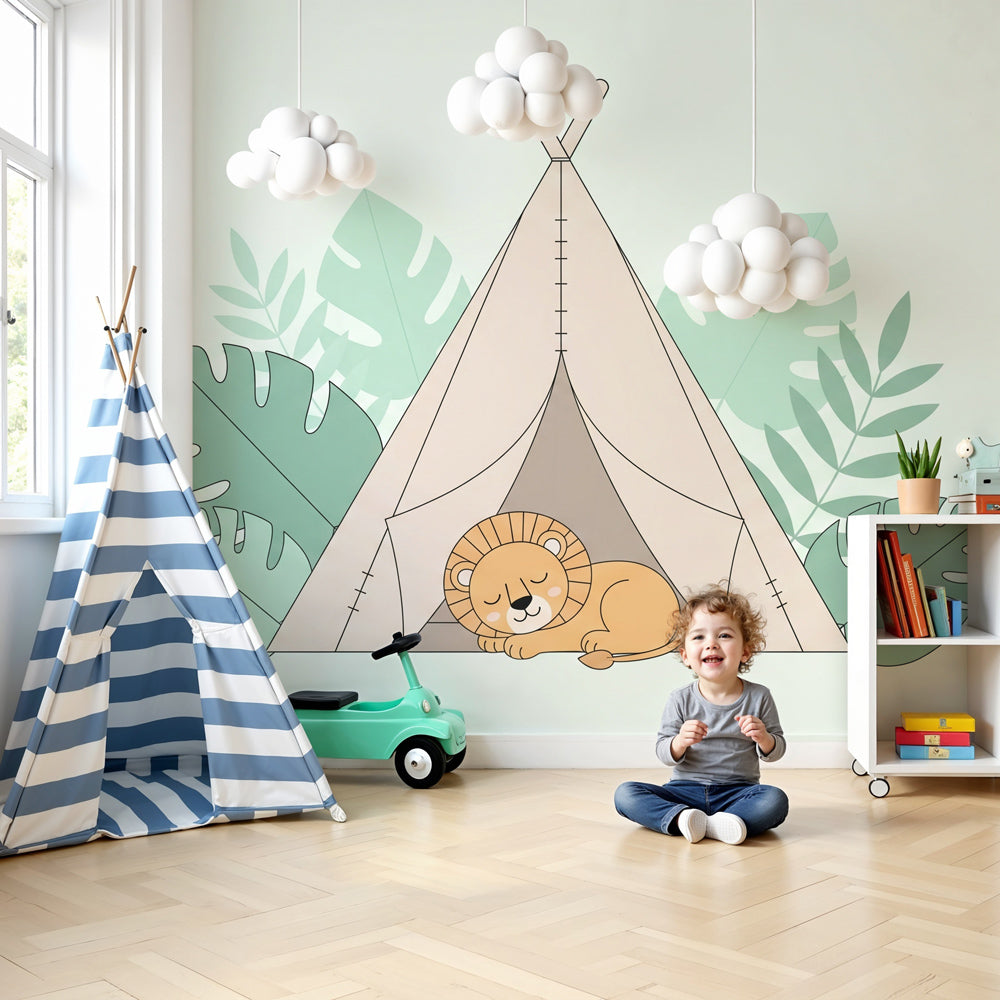 Jungle lion mural wallpaper with tipi in peaceful nursery setting by Kids-Mundo