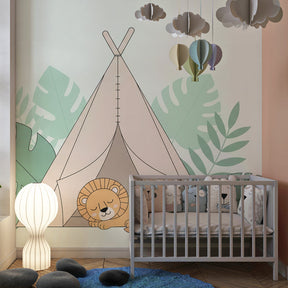 Tropical jungle lion wallpaper transforming children's playroom with nature theme