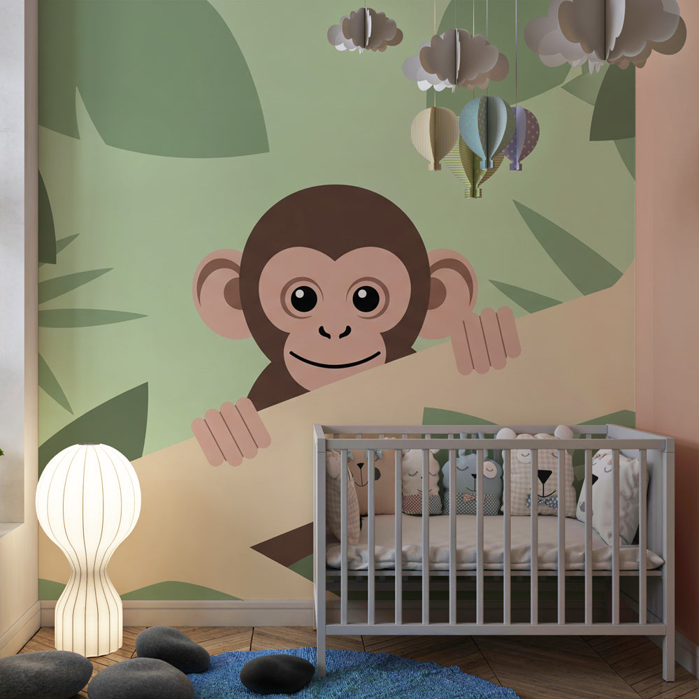 Smiling monkey wallpaper transforming baby's bedroom into magical jungle paradise by Kids-Mundo