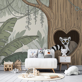 Playful monkey wallpaper with lush jungle foliage decorating children's bedroom wall