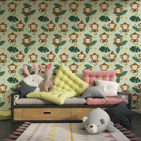 Tropical monkey wallpaper with lush green leaves transforming children's bedroom into jungle paradise