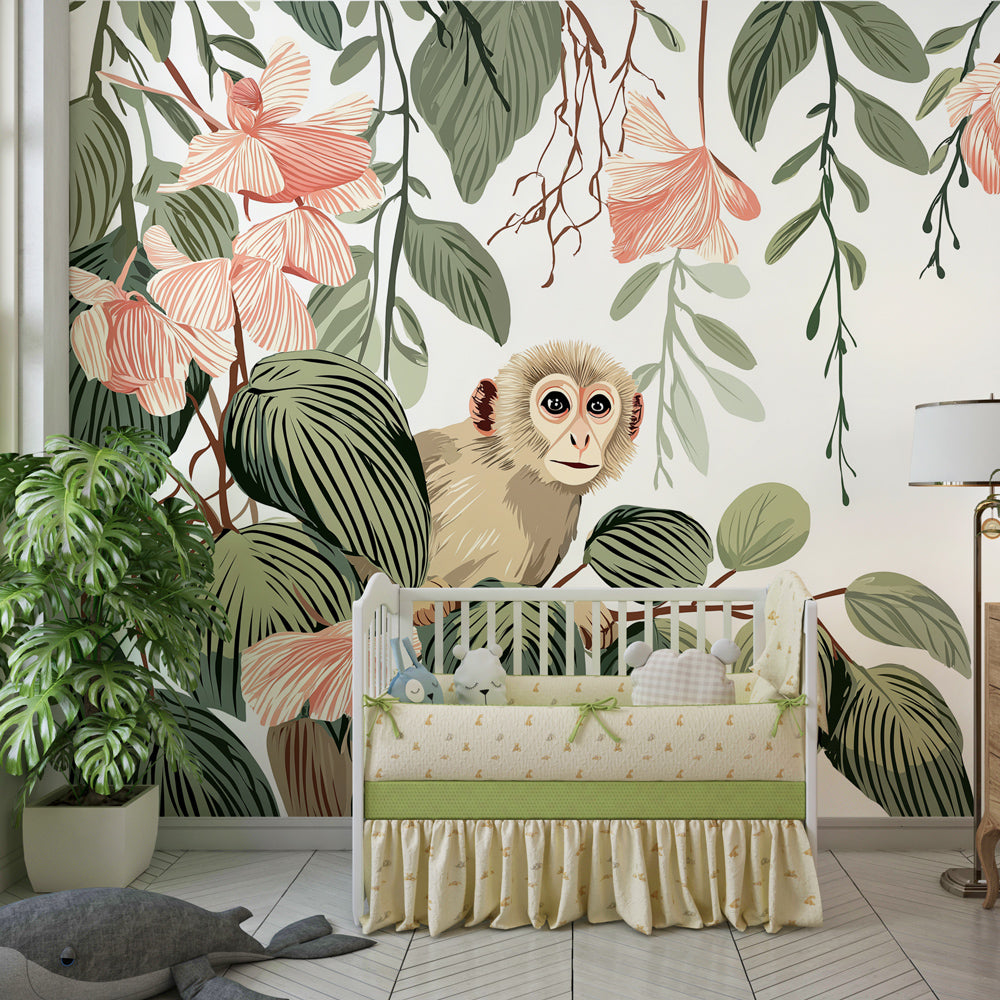 Tropical monkey wallpaper with pink flowers decorating children's bedroom wall