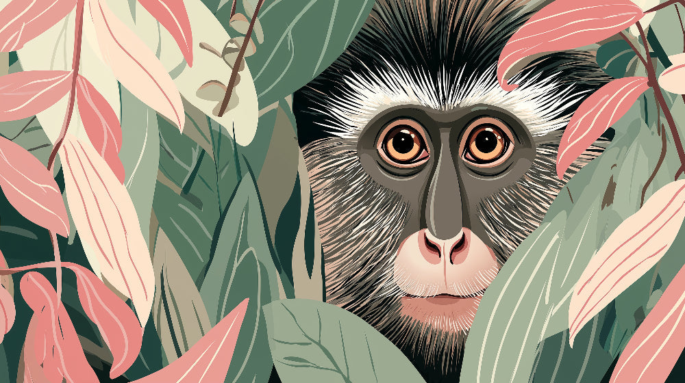 Detailed curious monkey jungle mural wallpaper design pattern with exotic foliage by Kids-Mundo