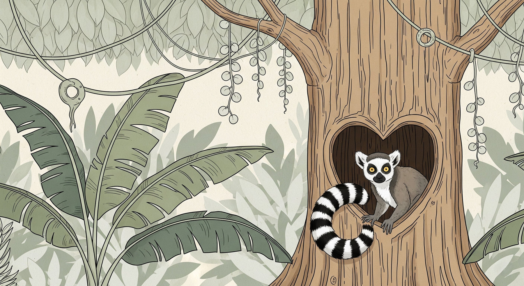 Detailed jungle monkey mural wallpaper design pattern showing striped-tail primate by Kids-Mundo