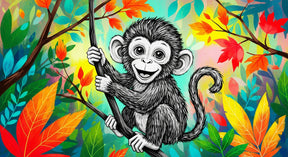 Detailed jungle monkey mural wallpaper design pattern showing tropical foliage and playful animal by Kids-Mundo