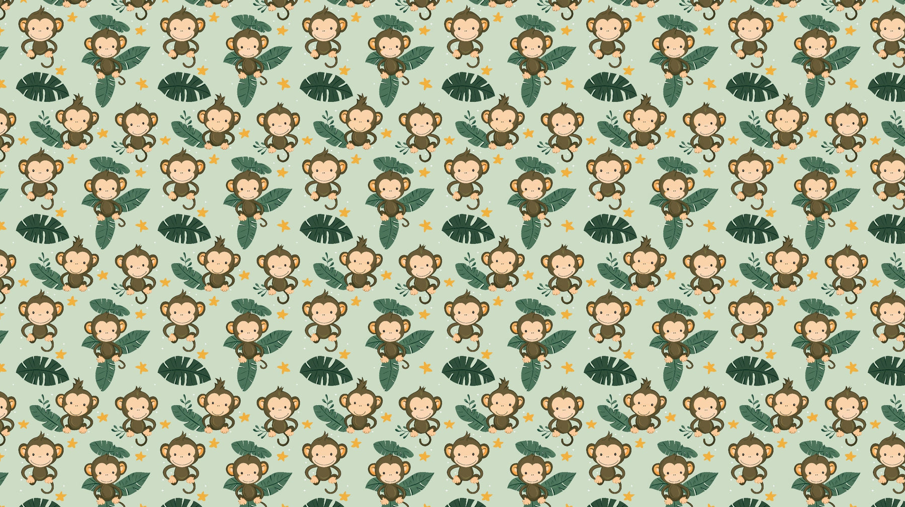 Detailed jungle monkey mural wallpaper design pattern with tropical leaves and golden stars by Kids-Mundo