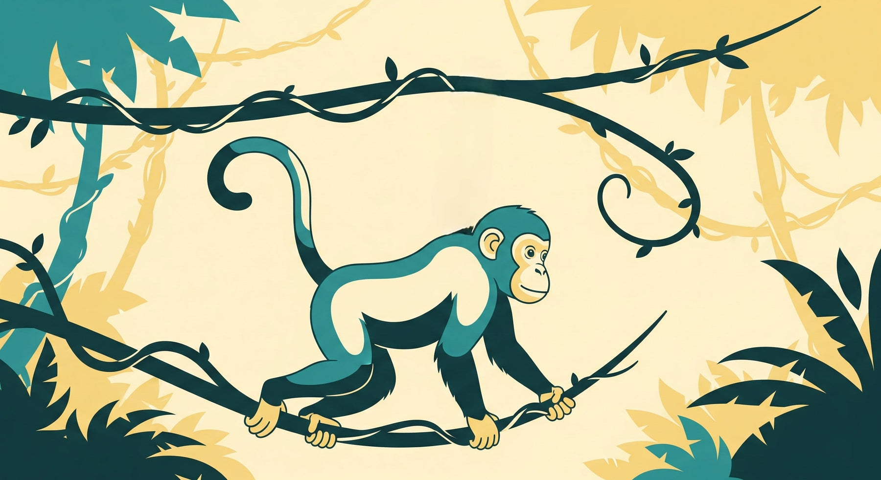 Detailed jungle monkey mural wallpaper design pattern with tropical foliage by Kids-Mundo