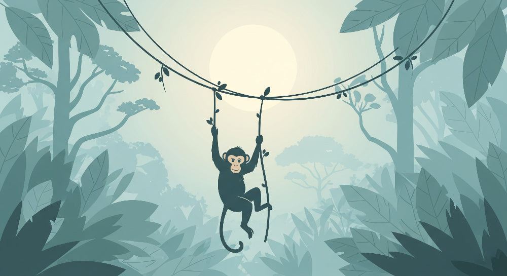 Detailed jungle monkey mural wallpaper design pattern with blue-green botanical elements by Kids-Mundo