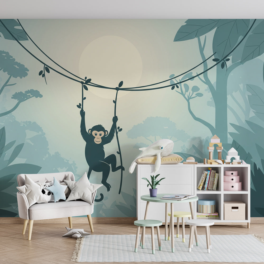 Jungle monkey mural wallpaper with blue tones decorating modern children's playroom