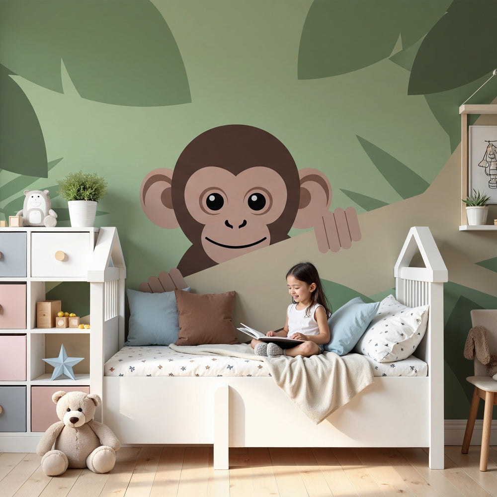 Jungle monkey mural wallpaper creating playful nursery decor with soft green foliage by Kids-Mundo