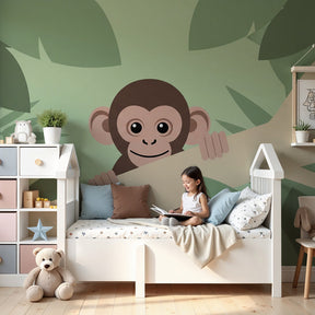 Jungle monkey mural wallpaper creating playful nursery decor with soft green foliage by Kids-Mundo