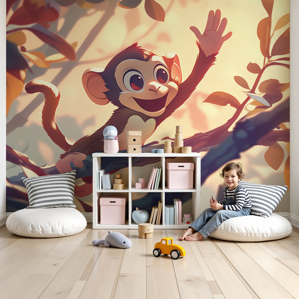 Jungle monkey mural wallpaper in modern nursery with cheerful primate design by Kids-Mundo