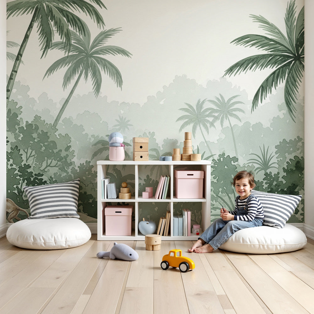 Jungle monkey mural wallpaper in modern nursery with natural wood crib by Kids-Mundo