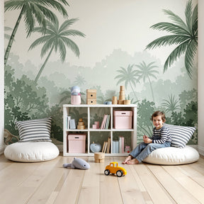 Jungle monkey mural wallpaper in modern nursery with natural wood crib by Kids-Mundo