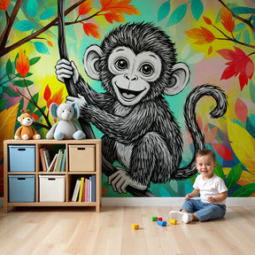 Jungle monkey mural wallpaper creating vibrant tropical nursery decor with playful animal theme by Kids-Mundo