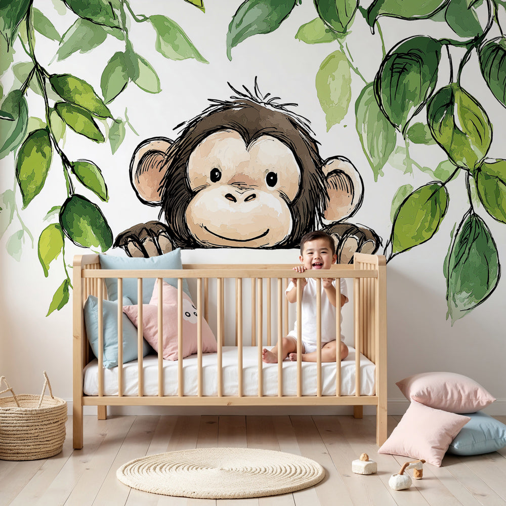 Jungle monkey mural wallpaper in modern nursery with natural wood crib by Kids-Mundo