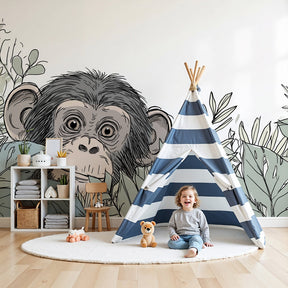 Jungle monkey mural wallpaper in modern nursery with wooden crib by Kids-Mundo