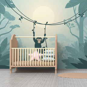Playful monkey jungle wallpaper creating serene safari atmosphere in children's bedroom