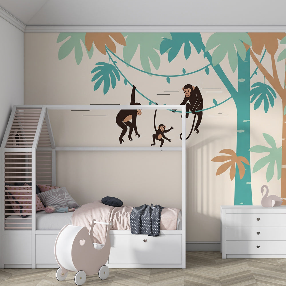 Playful monkey wallpaper creating tropical adventure theme in kids playroom