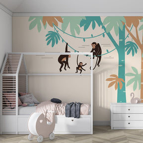 Playful monkey wallpaper creating tropical adventure theme in kids playroom
