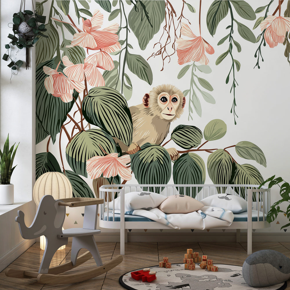 Safari animal wallpaper with curious monkey creating adventure theme in kids playroom