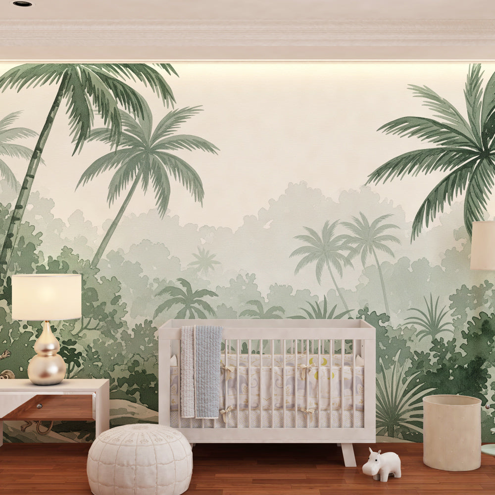 Playful jungle monkey wallpaper transforming children's playroom into tropical paradise