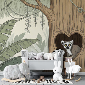 Tropical monkey wall mural creating immersive jungle atmosphere in kids playroom decor