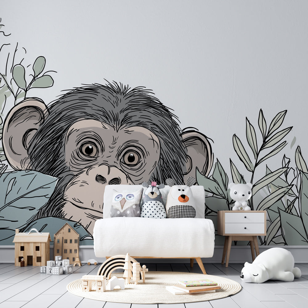 Playful jungle monkey wallpaper with lush foliage in colorful children's playroom