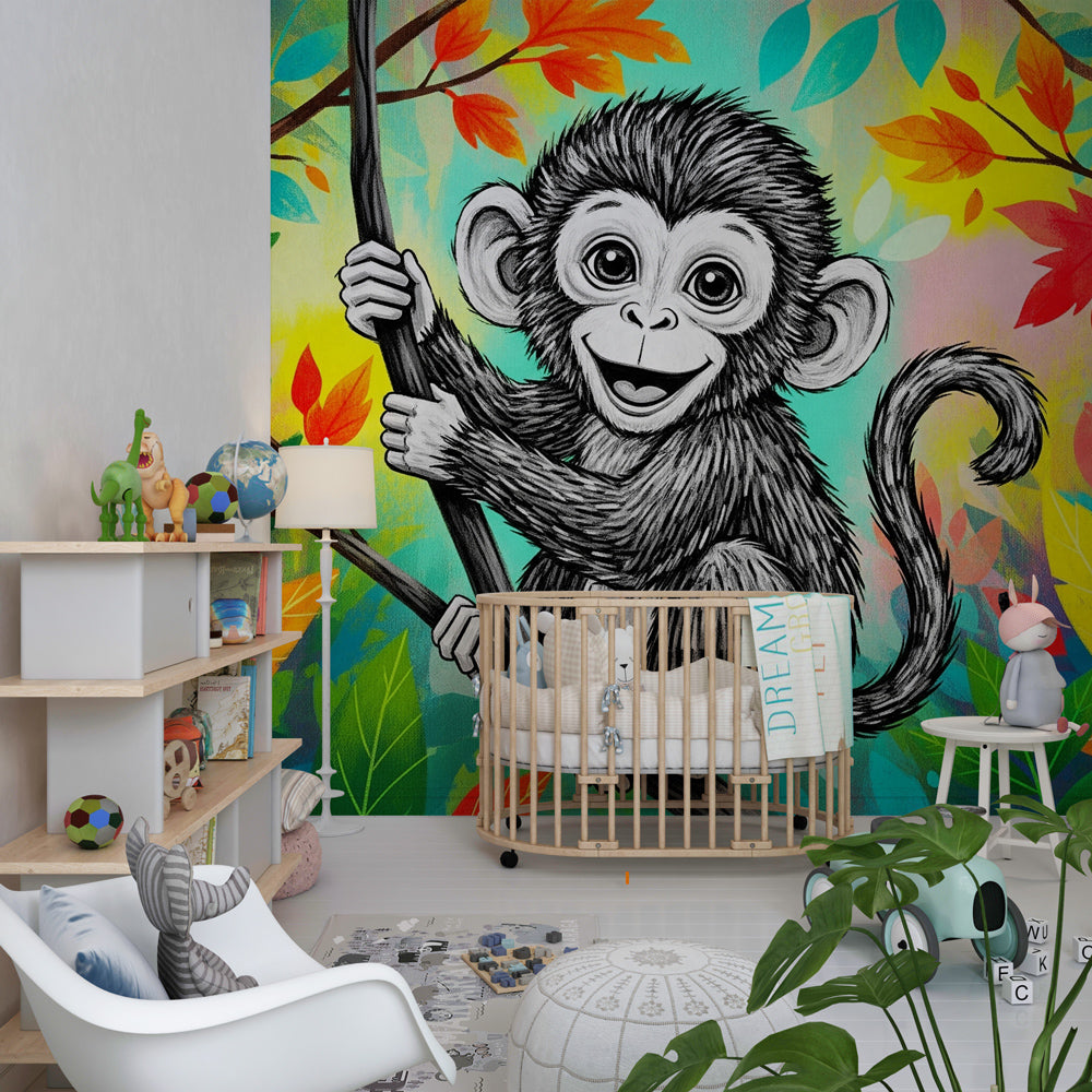 Tropical animal mural wallpaper featuring playful monkey in vibrant kids playroom setting by Kids-Mundo