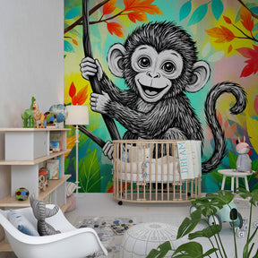 Tropical animal mural wallpaper featuring playful monkey in vibrant kids playroom setting by Kids-Mundo