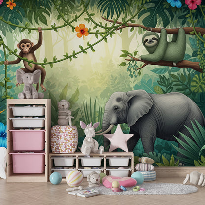 Kids-Mundo jungle wall mural covering a feature wall in a colourful kids bedroom.