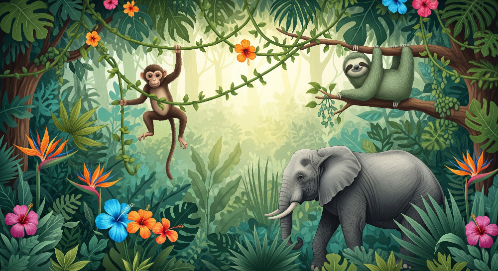 Monkey, Sloth and Elephant Jungle Wall Mural