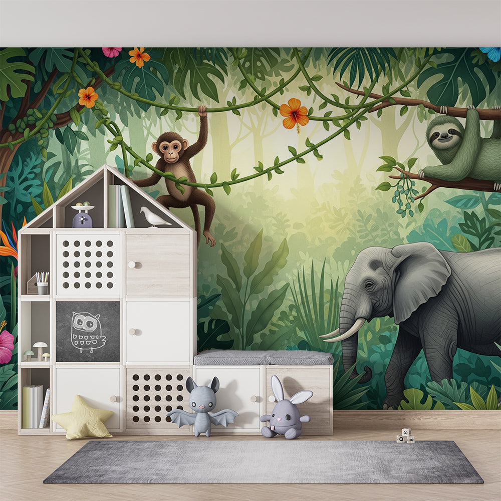Kids-Mundo monkey, sloth and elephant wall mural brightening a lively children's playroom.